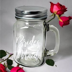 NWT Wool + Pepper Co. BRIDESMAID Glass Mason Jar Cup with Handle & Lid